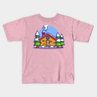 Snow Cabin in Winter Cartoon Kids T-Shirt